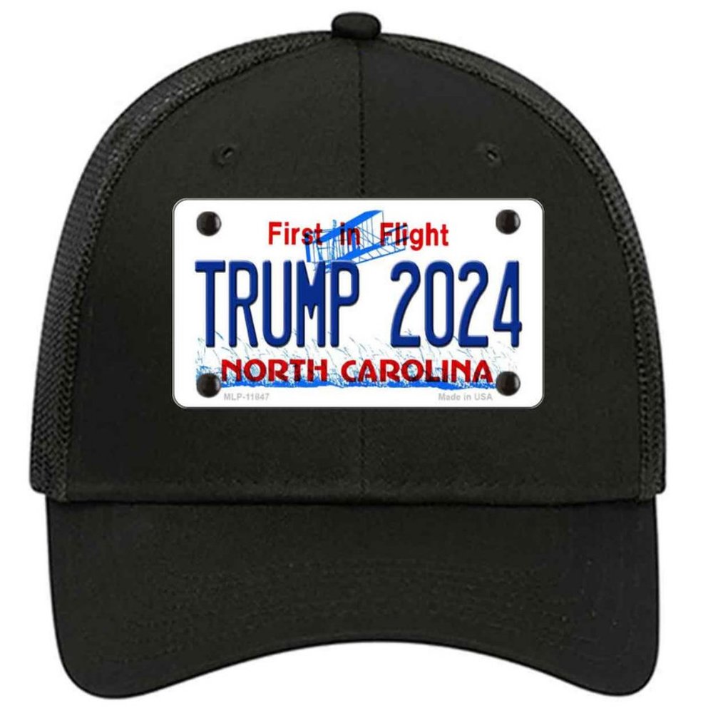 Trump 2024 North Carolina Metal on Trucker Mesh Snapback Hat - Black